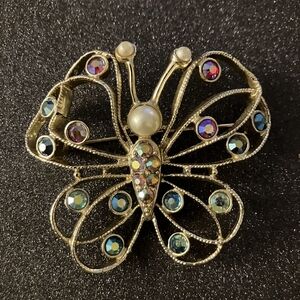 Vintage Emmons Butterfly Brooch with variety of crystal accents & Faux pearls